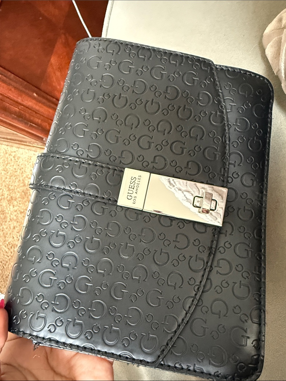 GUESS Black Embossed Monogram Wallet with Gold-Tone Clasp